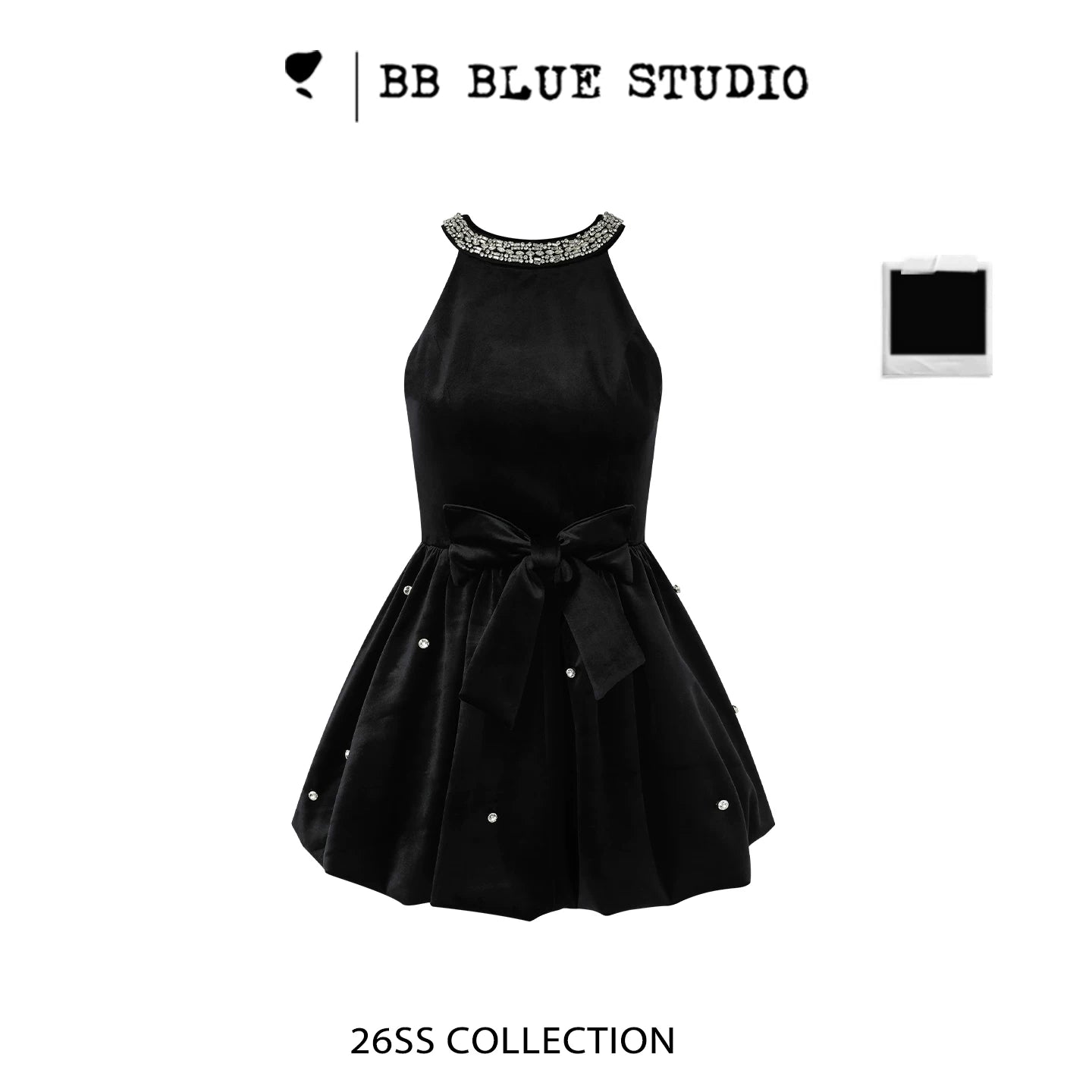 crystal neck ribbon flare mini dress DL1514