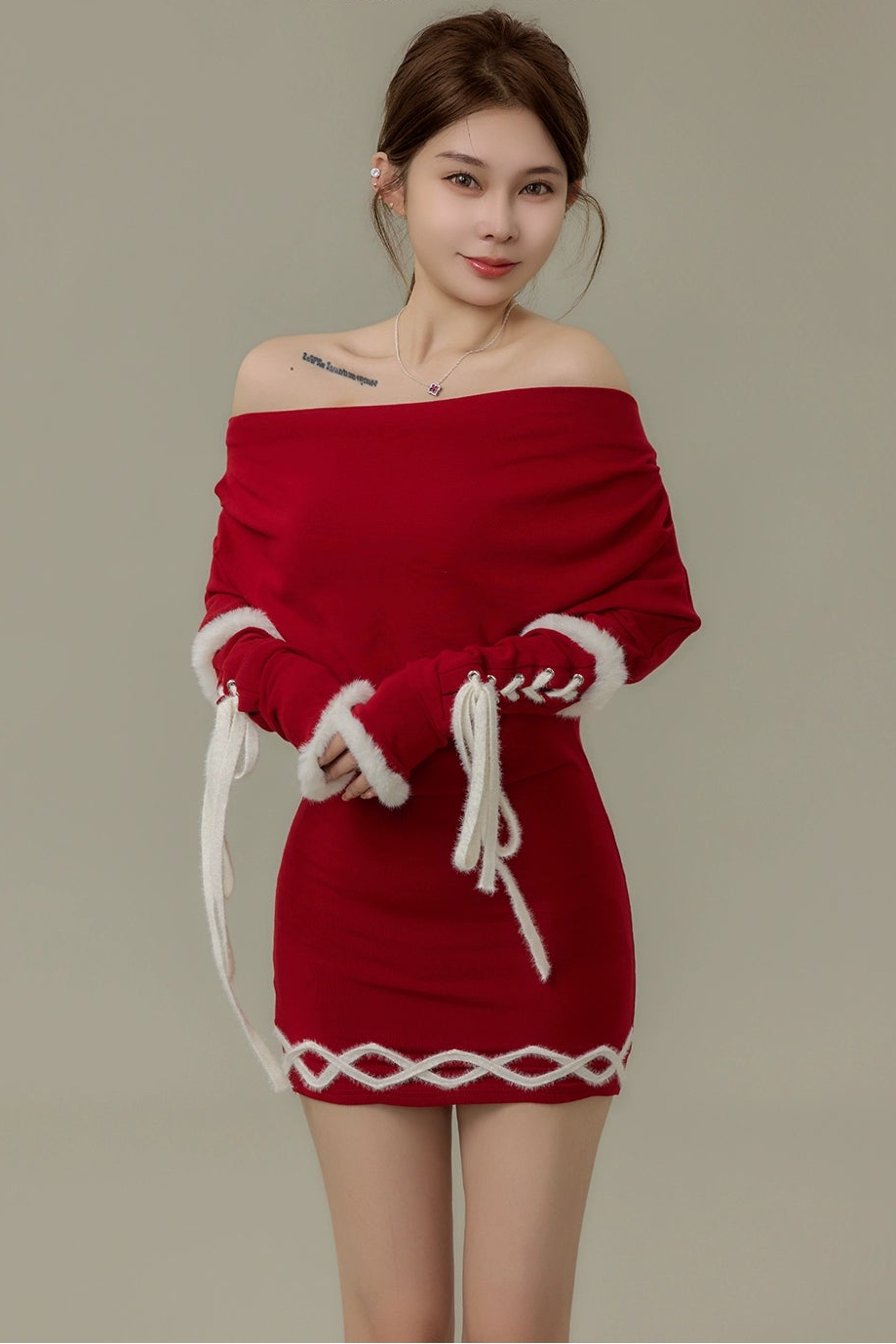 lace-up off-shoulder fur trim one-piece DL1500