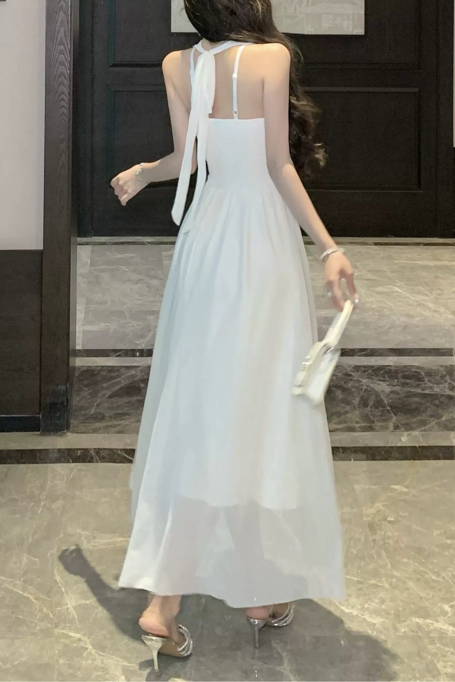 sheer bijou neckline long dress DL1502