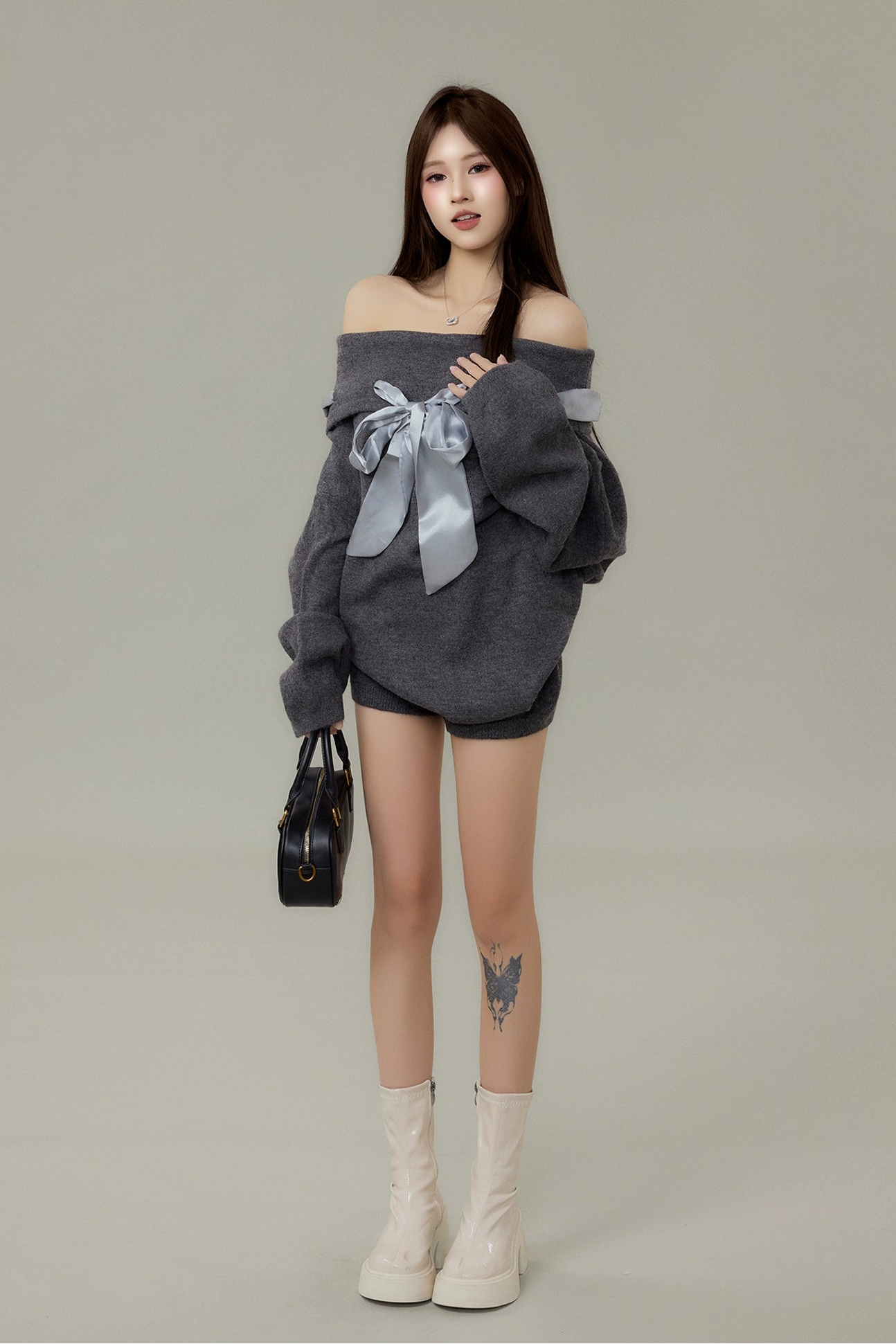 satin ribbon off-shoulder knit set DL1489