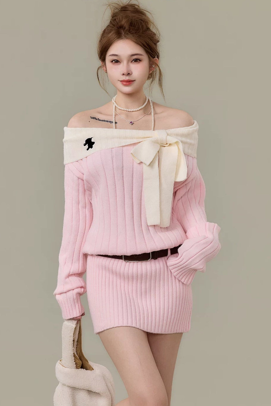 ribbon tie off-shoulder rib knit mini one-piece DL1501