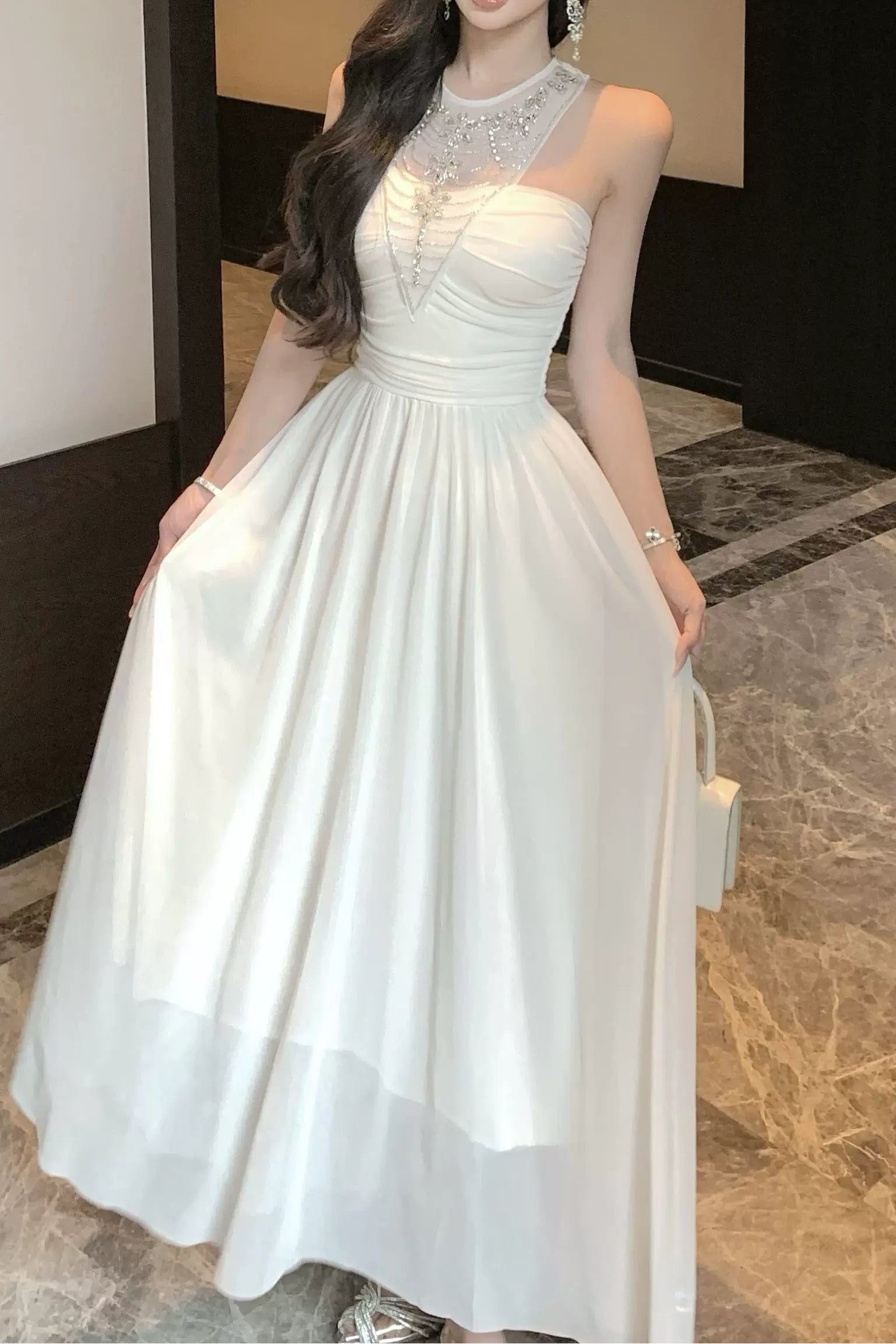 sheer bijou neckline long dress DL1502