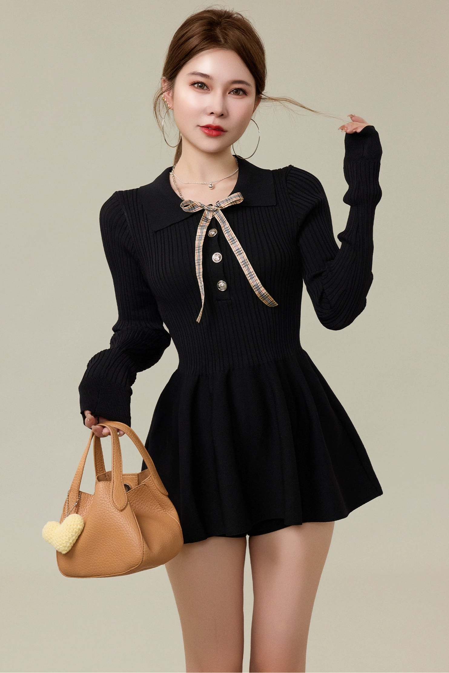 ribbon collar pearl button knit one-piece DL1487