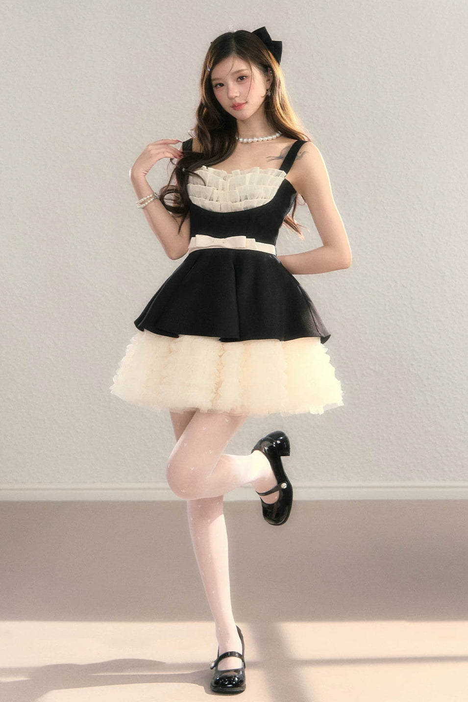 black ribbon peplum ballet dress DL1509