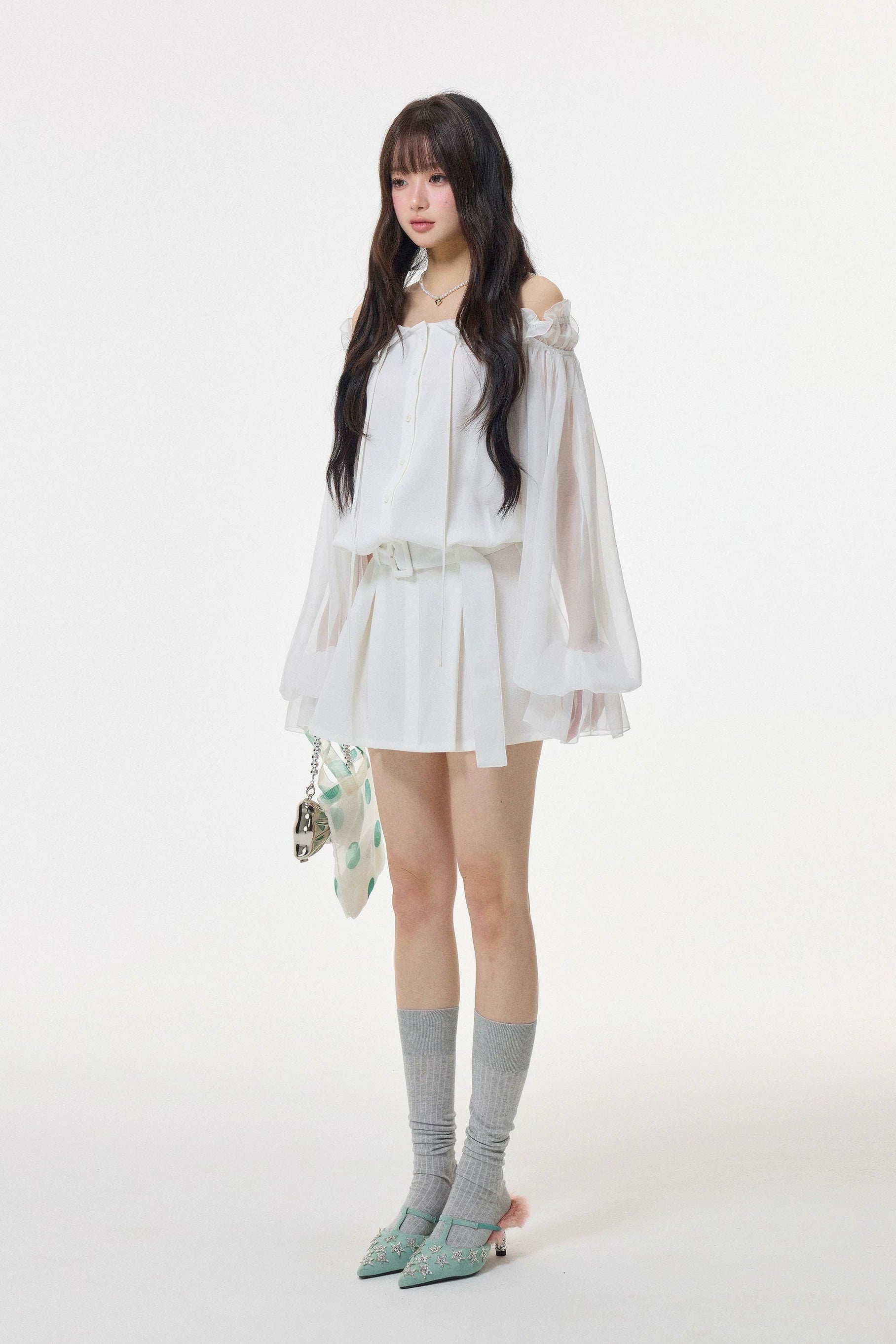 sheer off shoulder frill mini one-piece DL1519