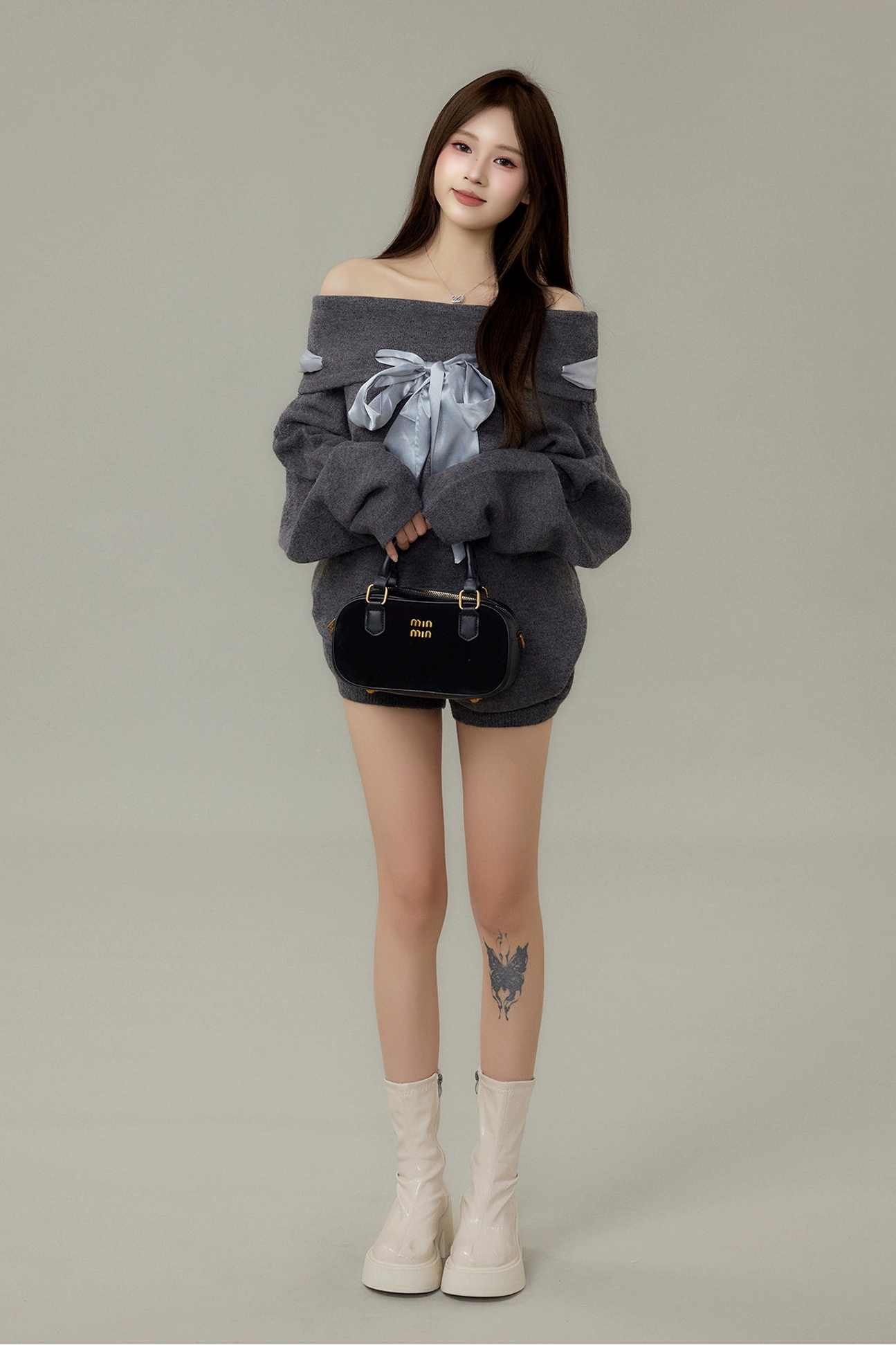 satin ribbon off-shoulder knit set DL1489