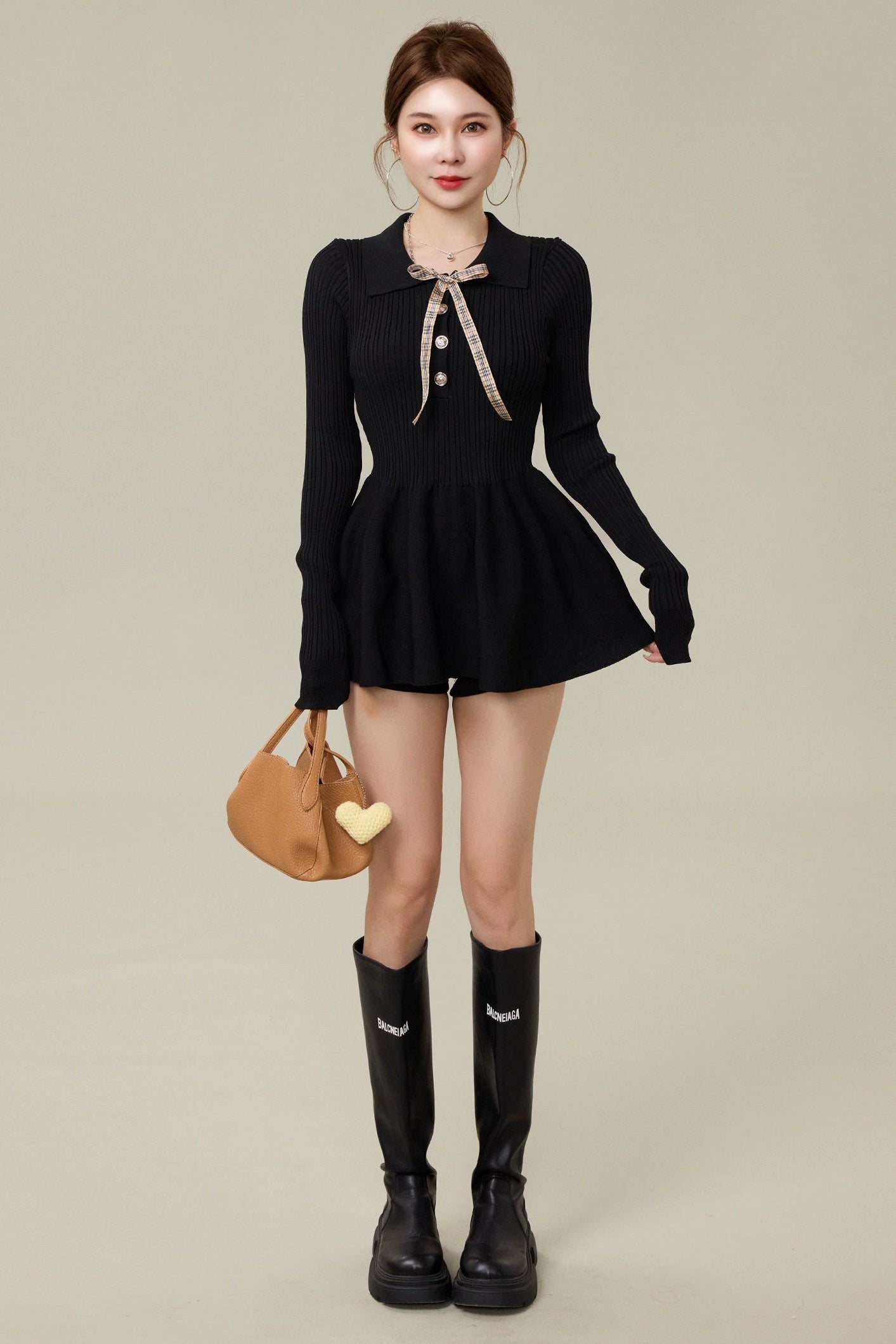 ribbon collar pearl button knit one-piece DL1487