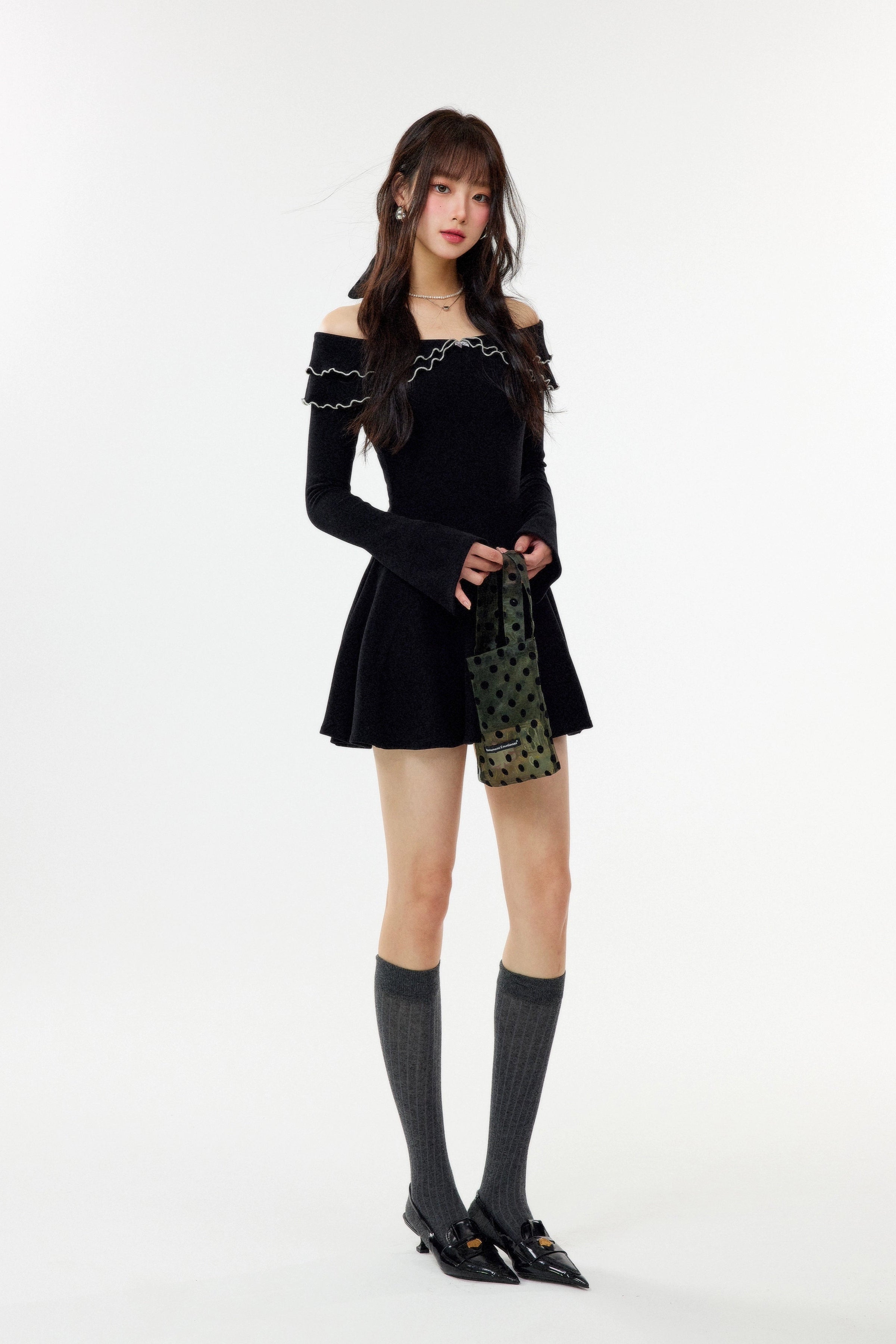 ruffle collar ribbon one-piece DL1452