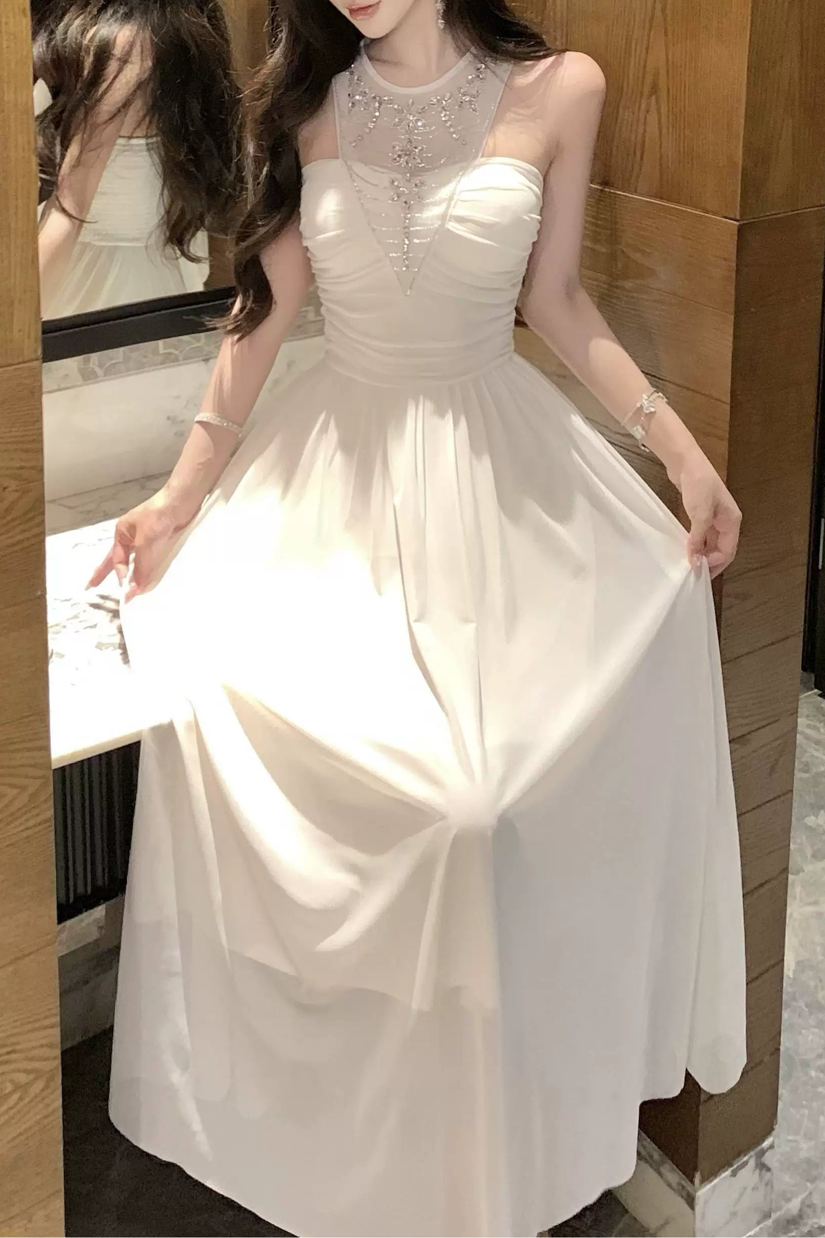 sheer bijou neckline long dress DL1502