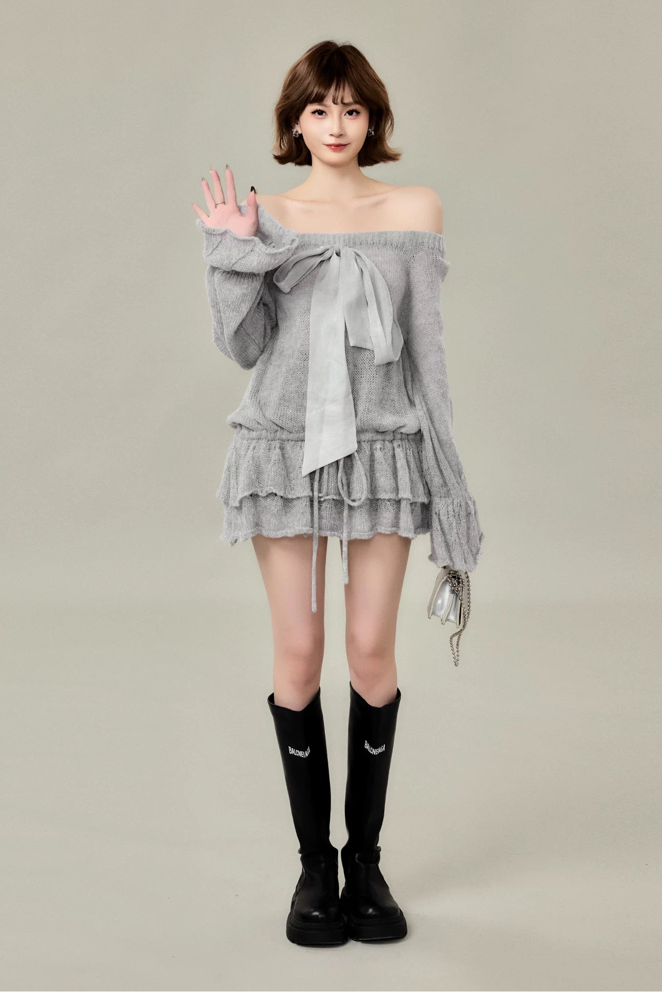 ribbon off-shoulder knit one-piece DL1492