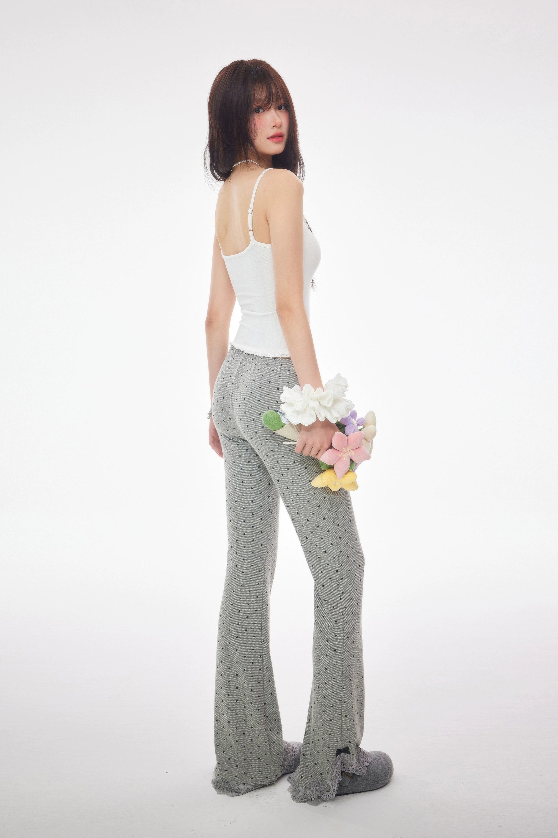 heart dot front ribbon flared pants DL1396