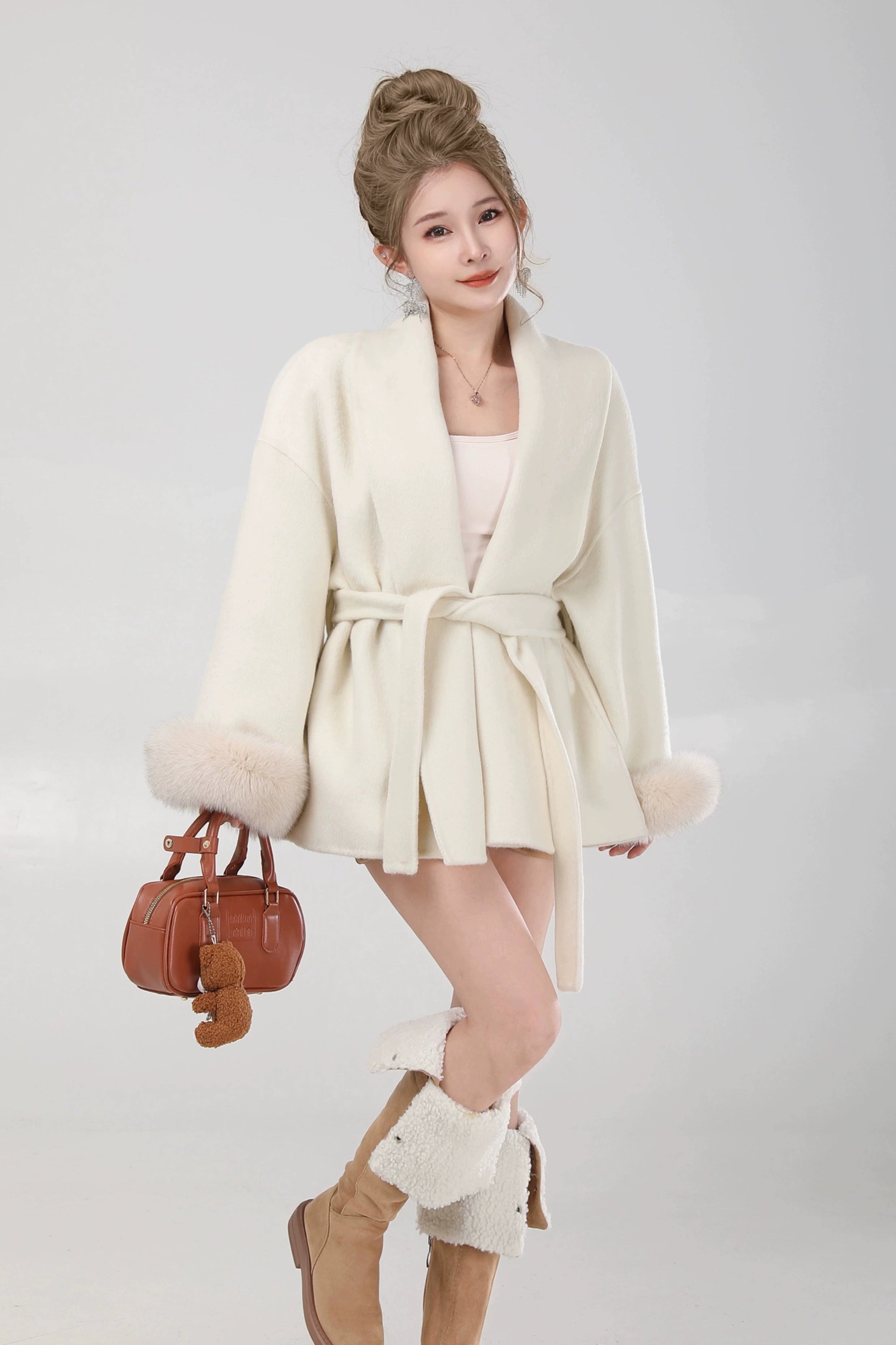 elegant belted fur sleeve jacket DL1425