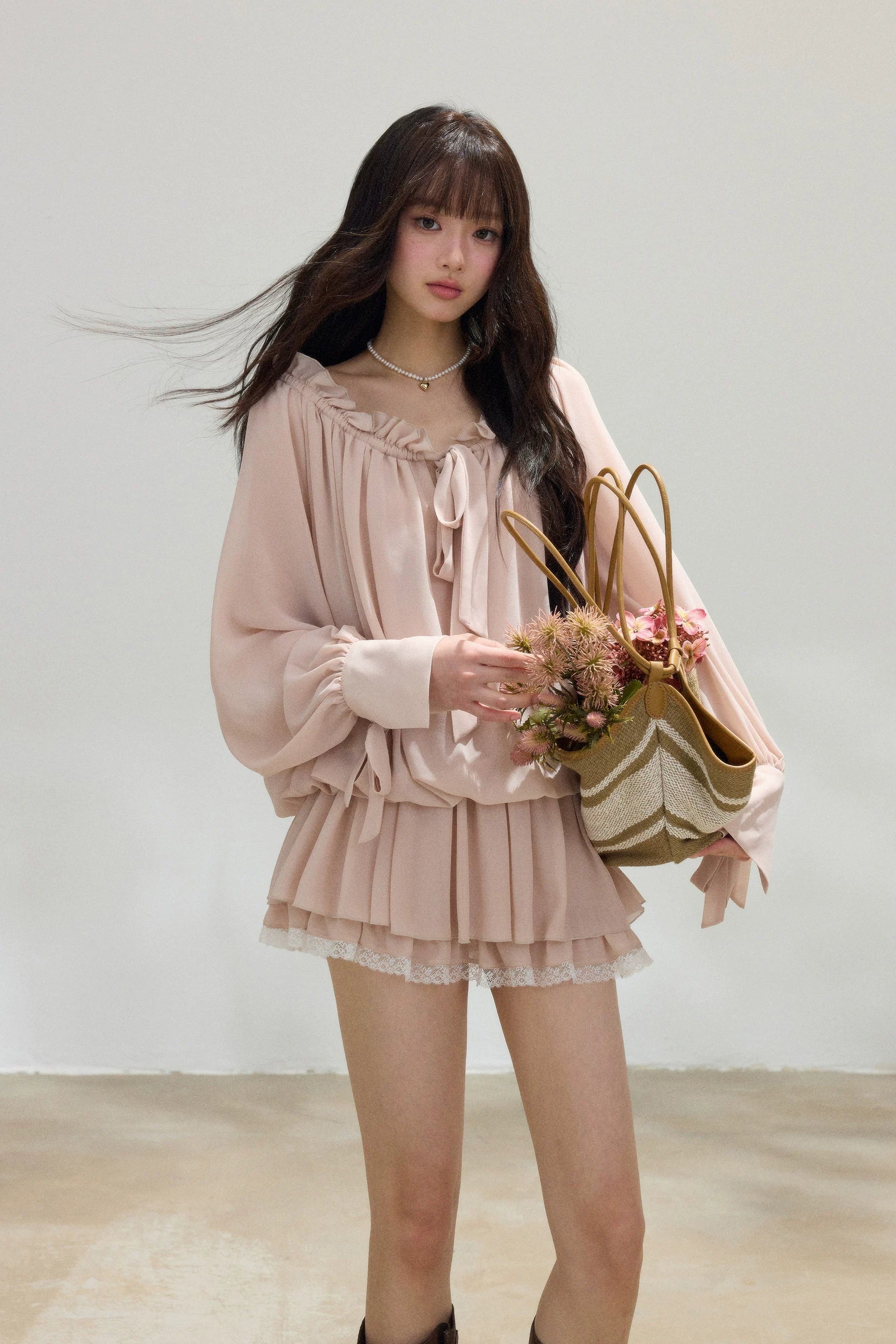 chiffon bow tie pleated mini one-piece DL1518
