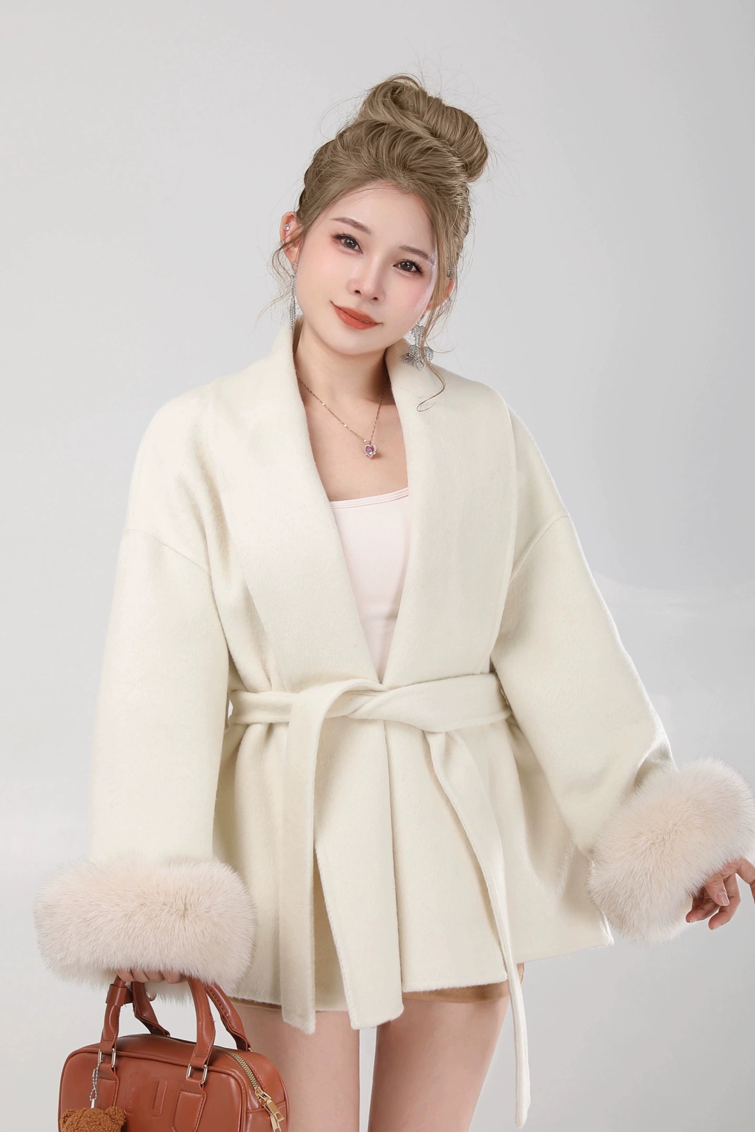 elegant belted fur sleeve jacket DL1425