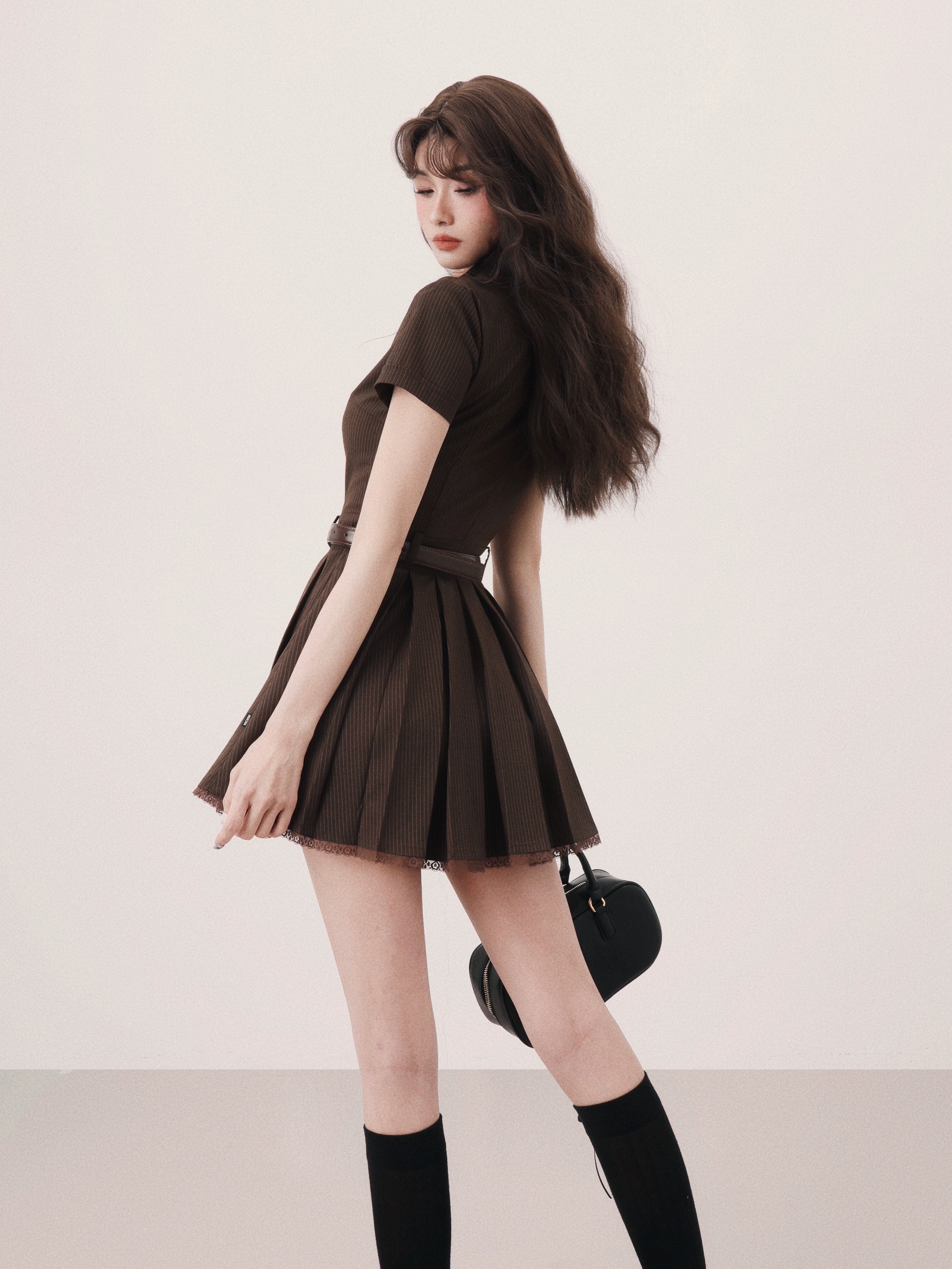 brown pleats trend one-piece DL1148