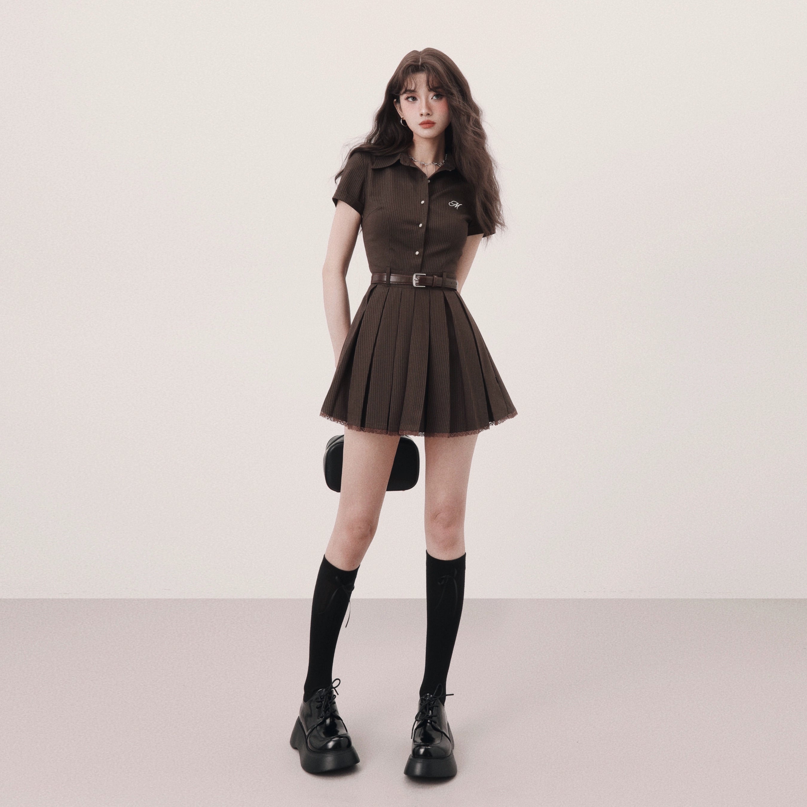 brown pleats trend one-piece DL1148